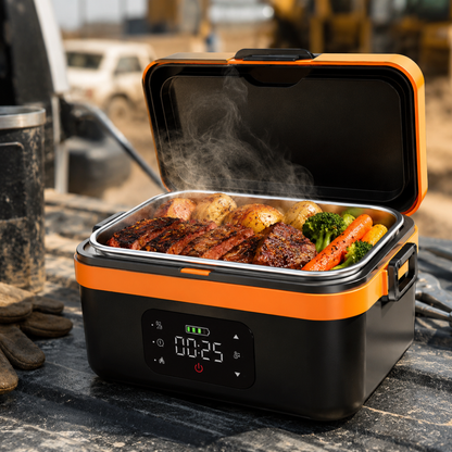 Stoke Co. cordless heated meal box open and steaming on a truck tailgate
