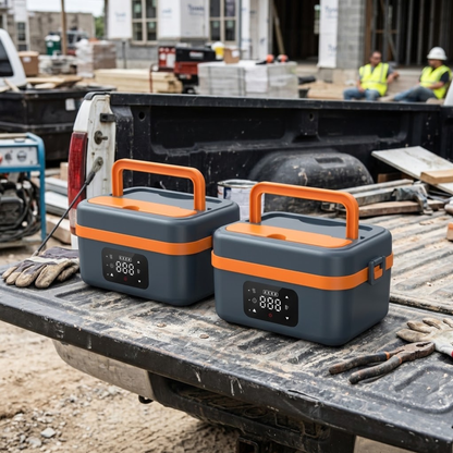 Two Stoke Co. cordless heated meal boxes sitting on a truck tailgate at a construction site jobsite