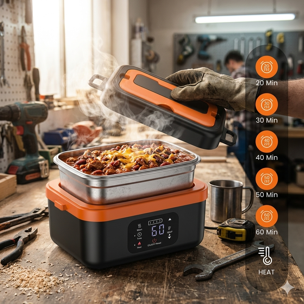 Stoke Co cordless heated meal box being used at a workshop job site with digital timer display showing heated chili inside.