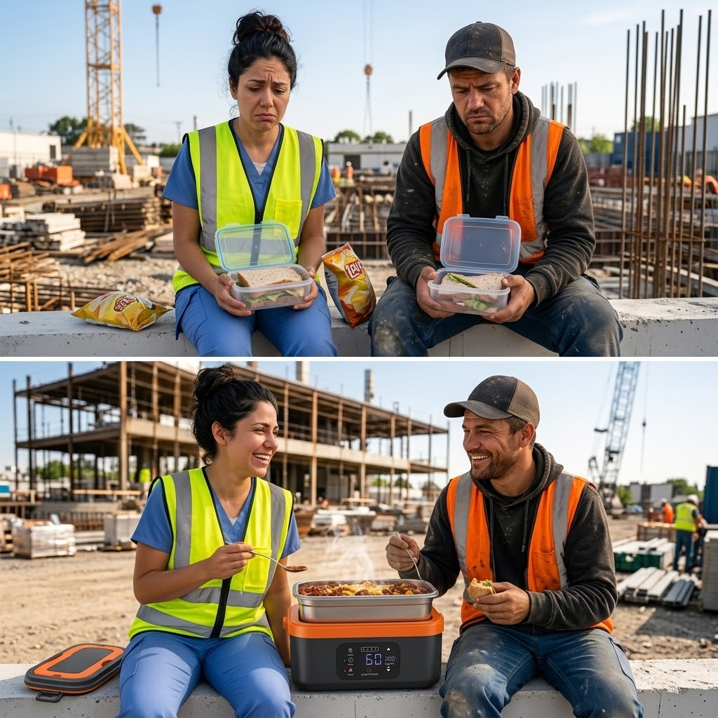 Side-by-side comparison illustrating a worker dissatisfied with a cold sandwich versus tradespeople smiling and enjoying a steaming hot meal from the Stoke Co cordless heated meal box on a jobsite.