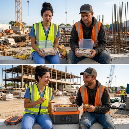 Side-by-side comparison illustrating a worker dissatisfied with a cold sandwich versus tradespeople smiling and enjoying a steaming hot meal from the Stoke Co cordless heated meal box on a jobsite.