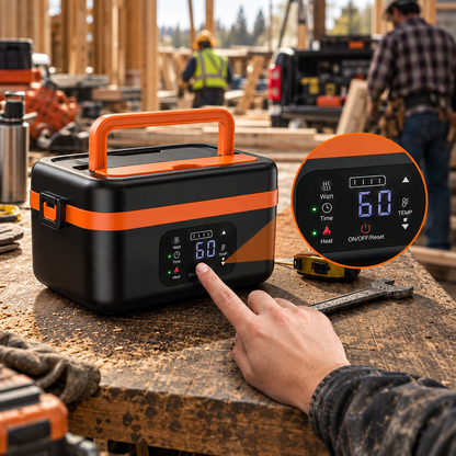 Close-up of a person's hand pressing the digital timer button on the Stoke Co cordless heated meal box at a job site.