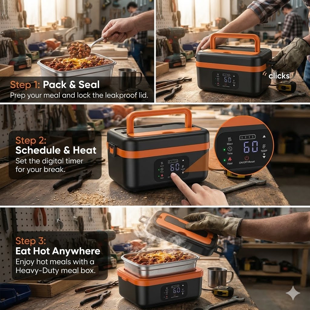 Three-step infographic demonstrating how to pack, schedule heating, and eat hot meals anywhere using the Stoke Co. cordless meal box
