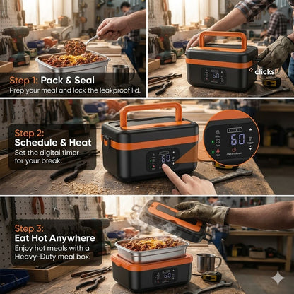 Three-step infographic demonstrating how to pack, schedule heating, and eat hot meals anywhere using the Stoke Co. cordless meal box