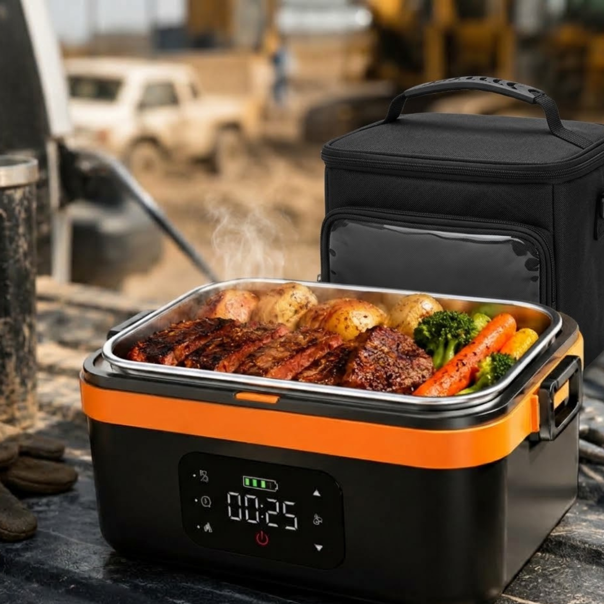 Stoke Co. cordless heated meal box filled with hot food next to a black insulated carrying case on a jobsite