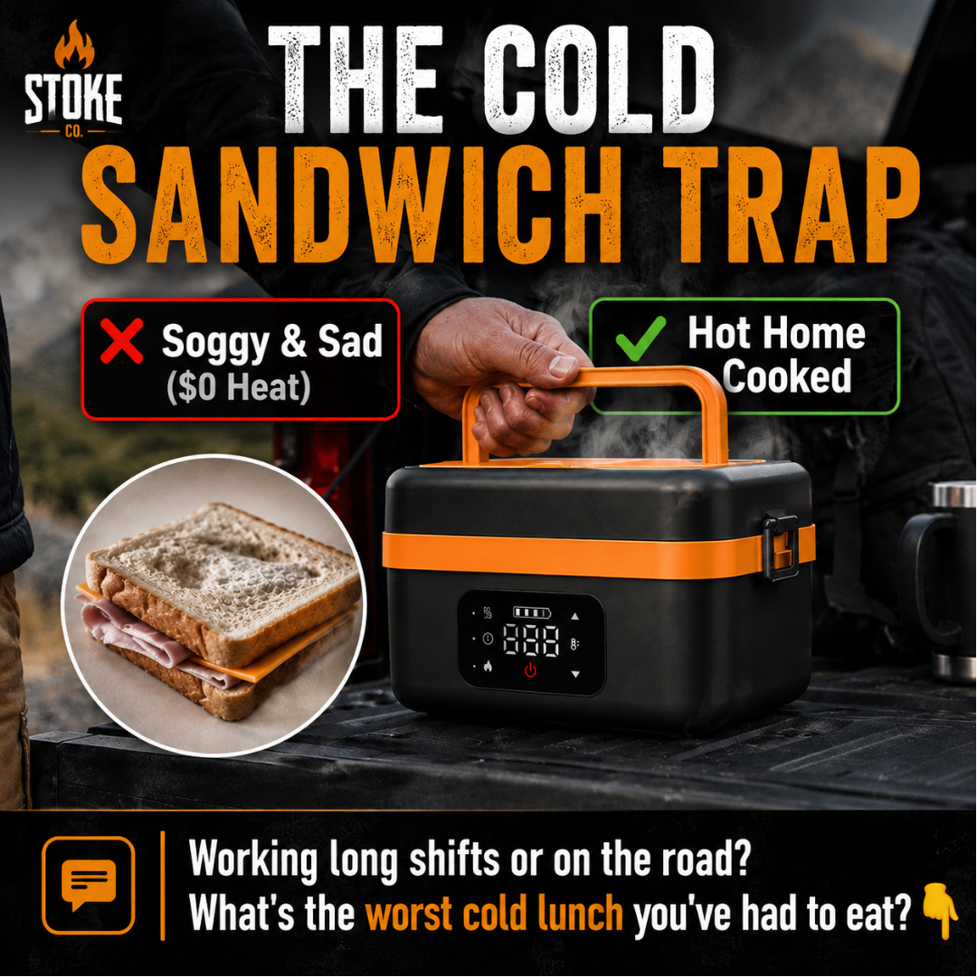 Comparison graphic illustrating The Cold Sandwich Trap versus a hot home-cooked meal in the Stoke Co. cordless meal box