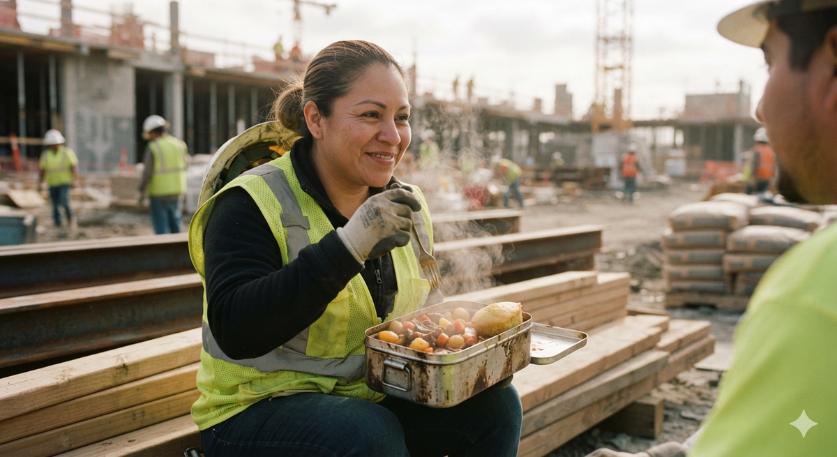 Female construction worker smiling and enjoying a steaming hot meal outdoors from the Stoke Co. cordless meal box on a jobsite