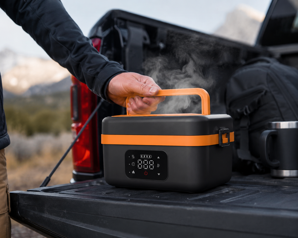 Stoke Co. cordless heated meal box open and steaming on a truck tailgate